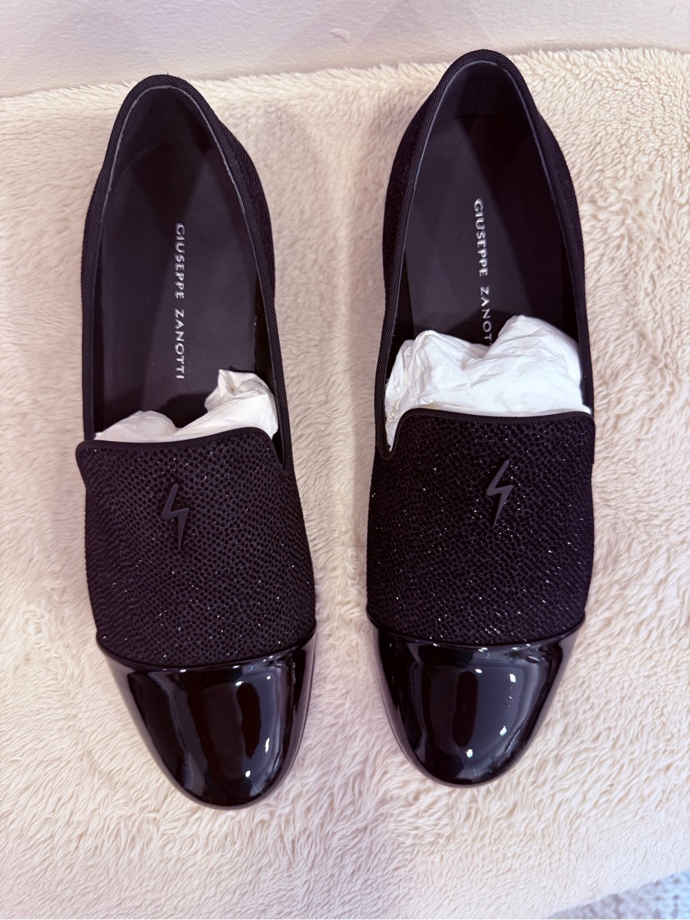 Giuseppe Zanotti Black Knit & Patent Loafers with Lightning Logo